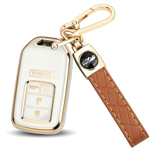 Image of MILD EAST for Honda Key Fob Cover with Keychain, Car Key Case Shell for Honda Accord Civic Pilot Passport CRV 5 Buttons (Gold-White)
