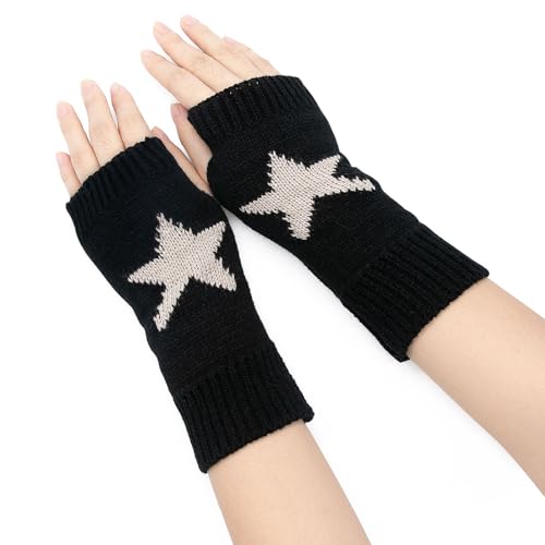 YAMEIZE Fingerless Star Printed Knitted Gloves - Wrist Warmers Y2K Mittens Knitted Gloves for Women Men Typing (Black)