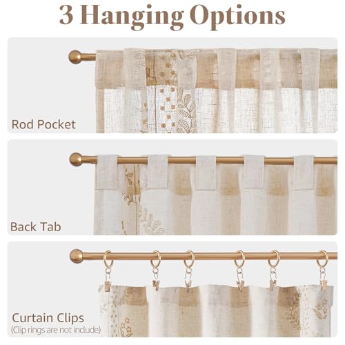 Image of jinchan Beige Floral Linen Kitchen Tier Curtains 50x54 Inch 2 Panels