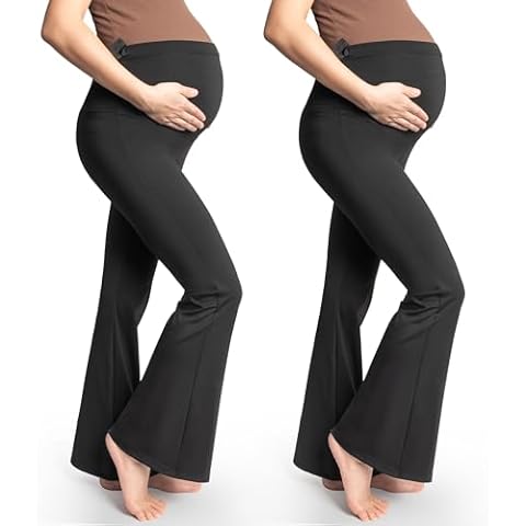 Maternity Leggings Yoga Flare Pants, 2Pk Pregnancy Leggings for Women Over The Belly - Comfortable Maternity Work Pants Cover