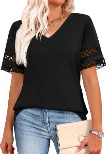 XIEERDUO Womens Summer Tops Dressy Casual Blouses for Women V Neck Short Sleeve Shirts Fashion Clothes Curved Hem Flowy