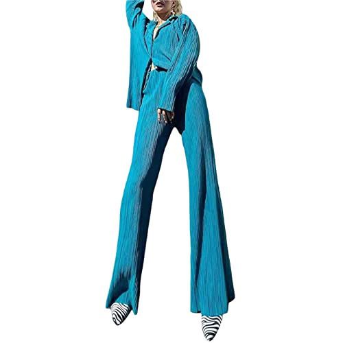 Women's 2 Piece Casual Outfits Long Sleeve Loose Fit Button Down Shirt Wide Leg Long Pants Loungewear Sets (Lake Blue, L)