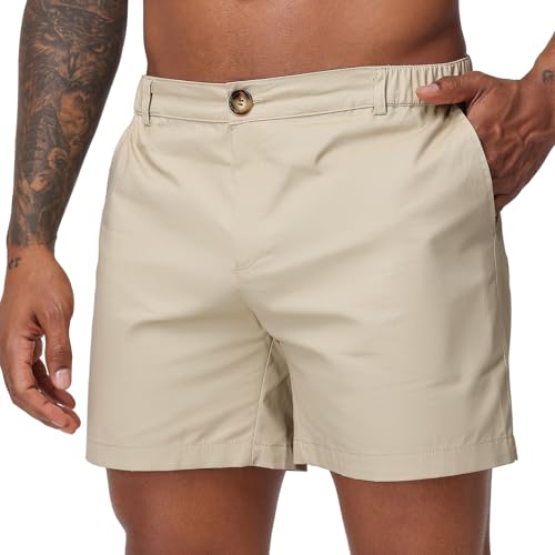 Image of Oymyakon Men's 6 Inch Shorts Casual Cotton Flat Front Chino Shorts Summer Elastic Waist Pull On Short with Pockets