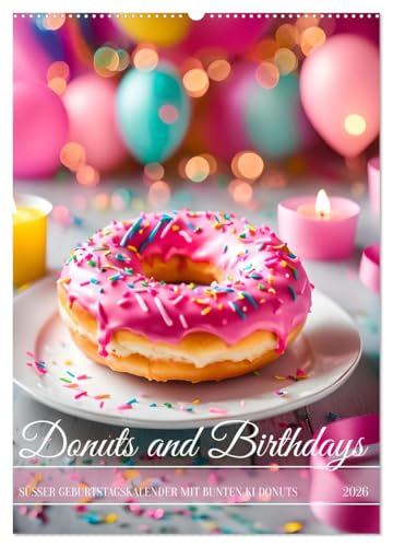 Donuts and Birthdays, süßer Geburtstagskalender mit bunte KI Donuts (Wandkalender 2026 DIN A2 hoch), CALVENDO Monatskalender: Süße Geburtstage. Ein Jahr voller bunter Donuts.