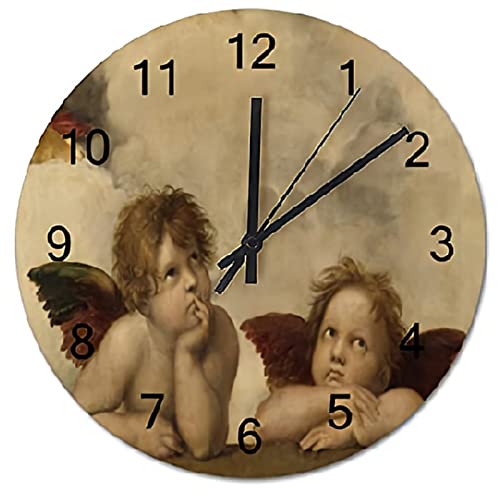 Raphael Angels Wall Clock Vintage Wooden Round Clocks Wall Decor 12 Inch Battery Operated Large Decorative Wall Clock Silent Round Wood Wall Clock Hanging Clocks for Bedroom Decor Living Room Clock