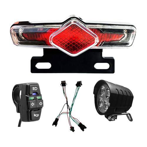 HSOKEW 3 in 1 Ebike Light Kit, Bicycle Lithium-ion Conversion Accessories Electric Bike Headlight & Horn 100dB, LED Light Set Headlight, Tail Light with Turn Signal for 50mm/80mm Rear Rack Mount Holes