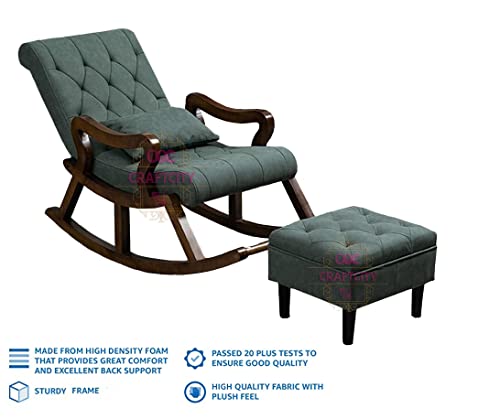 Image of CRAFTCITY Sheesham Wood Elegant Chair with Pillow and Matching Foot Stool /Living Room Chair /Rose Wood Rocking Chair,Pre-Assembled (Swed Green, Rocking Chair with Ottoman)