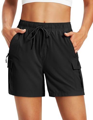 MAGCOMSEN Women's Quick Dry Hiking Cargo Shorts Lightweight Waterproof Summer Shorts 5'' Zipper Pocket Camping Black L