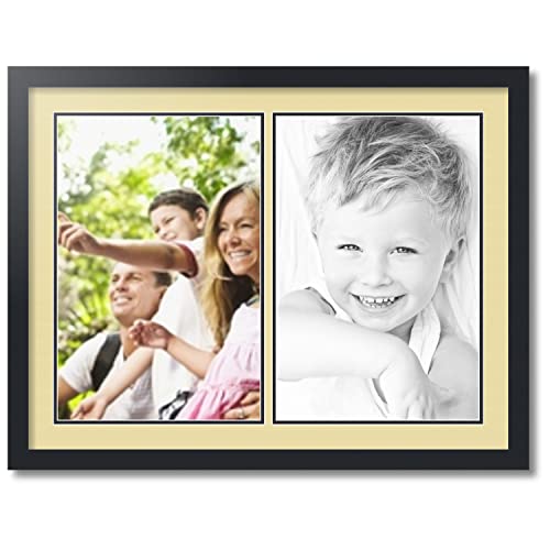 ArtToFrames Collage Photo Frame Double Mat with 2-12x18 inch Openings with Black Frame and Buttercup Top Mat