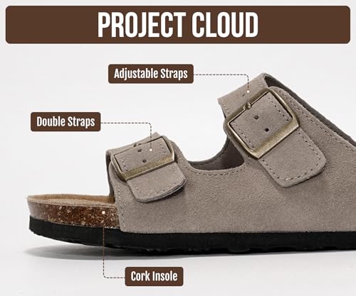 Image of Project Cloud 100% Genuine Leather Flat Sandals For Women 2026 Cork Footbed Womens Sandals with Memory Foam and arch support Vacation Essentials Slides for Women Footwear (Venita)