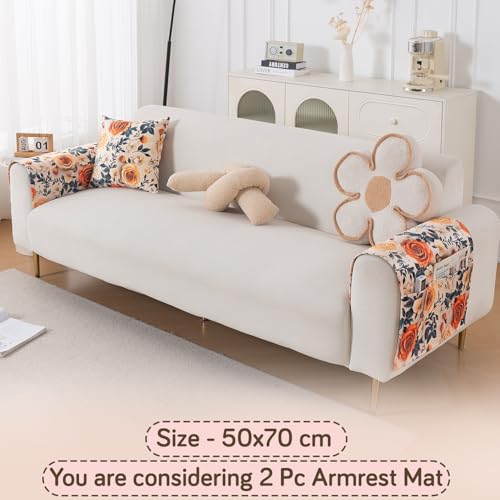 Image of HOKIPO 'Nature Muse' Premium HD Printed Holland Velvet Sofa Armrest Covers with Pockets | 1 Pair | Caramel Ambrosia (IN-921-L-D8*2)