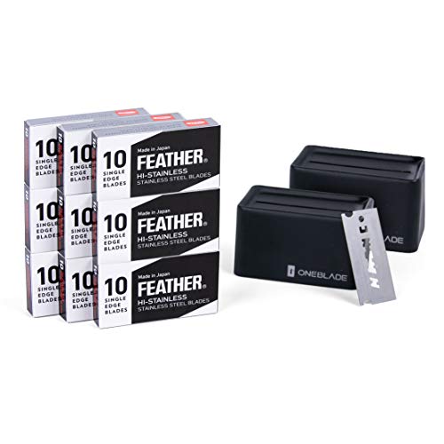 Feather FHS-10 Single Edge Razor Blades (90 Count) with 2 Blade Recycling Banks | Hi-Stainless Carbon Steel, Platinum & PTFE Coated | Ultra-Sharp, Durable & Comfortable | O.23mm Thickness