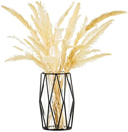 Small Pampas Grass Vase Black, Modern Glass Vase for Flowers with Geometric Metal Rack for Artificial Hydroponics Living Room Dining Table Decoration Wedding Centrepiece Ornaments, 16cm Height