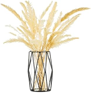 Small Pampas Grass Vase Black, Modern Glass Vase for Flowers with Geometric Metal Rack for Artificial Hydroponics Living Room Dining Table Decoration Wedding Centrepiece Ornaments, 16cm Height