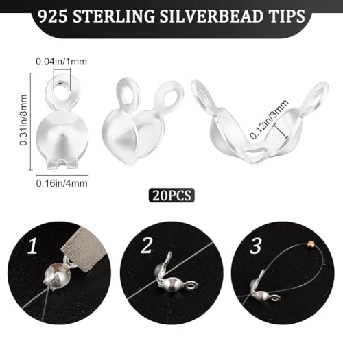 Beebeecraft 1 Box 20Pcs Bead Tips 925 Sterling Silver Knot Covers 3mm Clamshell Crimp Tips Beads Fold-Over Bead Covers Ends Caps for Jewellery Bracelets Necklaces Making - Image 2