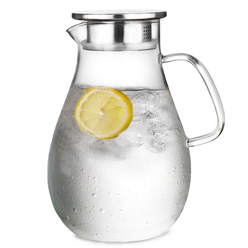 2000ml Smooth Round Borosilicate Glass Pitcher Water Jug Carafe With Stainless Steel Lid for Ice tea, Water, Juice, Lemonade and More