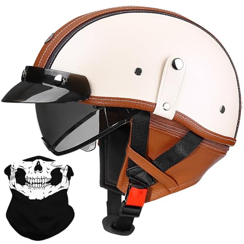 Demi-Casque Moto Rétro Casque Ouvert en Cuir Allemand, Homme Femme Vélo Cruiser Chopper Mobylette Scooter Casque Demi-Coquille Vintage avec écharpe Amovible, Homologué ECE 57-64cm