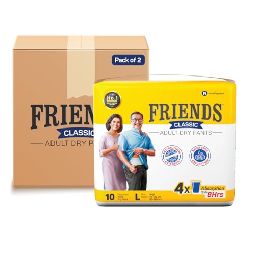 Friends Classic Adult Diaper L Size Pants | 20 Count (Large) | Waist 30-56 inch | Unisex | Leakproof | Quick & Even Absorption | Long Protection hours | Brief-Like Fit | Odour Lock | Elastic Waist & Anti-Bacterial Absorbent Core