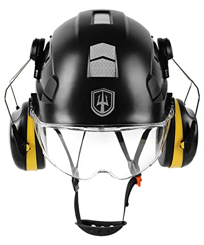 GREEN DEVIL Casco de Trabajo con Visera Transparente y protección auditiva Orejeras ABS Ajustable Casco de Seguridad ventilado con Casco Industrial EN 397 (Negro)