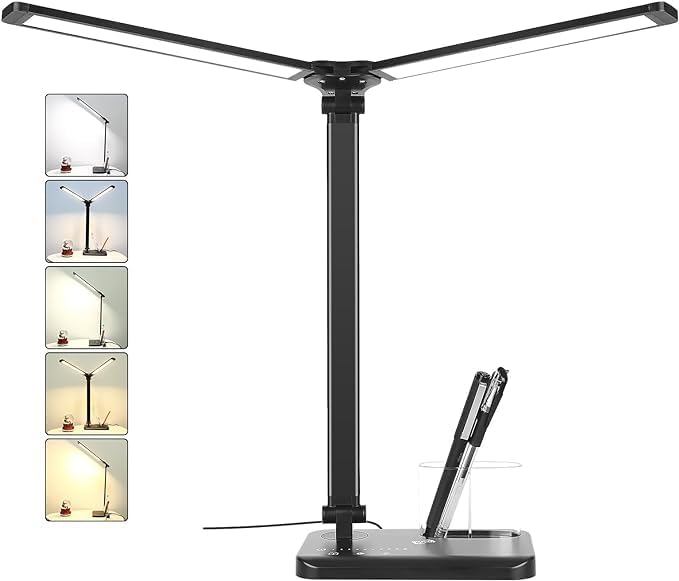 Woputne LED Desk Lamp with Dual Heads – 5 Colour Modes & 10 Brightness Levels, Adjustable Reading Light for Home Office, Bedroom, Study, and Craft (Black, Includes Adapter) - Image 4