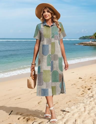 Image of HOTOUCH Womens Dress Summer Casual Midi Short Sleeve Button Down Shirt Dresses Loose Beach Cover Up with Pockets