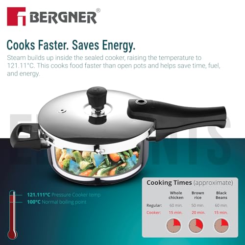 Image of Bergner Argent Elements Triply Stainless Steel 3.5 L Outer Lid Pressure Pan, Healthy Cooking, Even Heat Distribution, Sturdy Handle, Easy Lock System, Safety Gasket - Induction and Gas Stove Ready