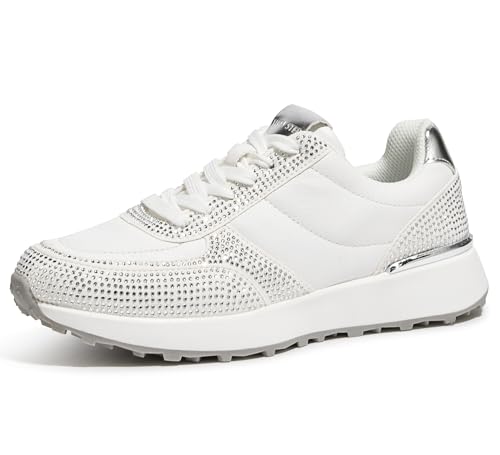 LUCKY STEP Women Fashion Platform Rhinestone Sneakers,White Rhinestone,8.5