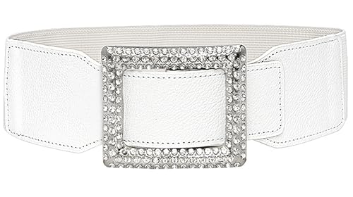 Women Fashion Belt with Rhinestone Buckle - Western Cowgirl Style Bling Elastic Waistband for Dress Jeans Pants S/M