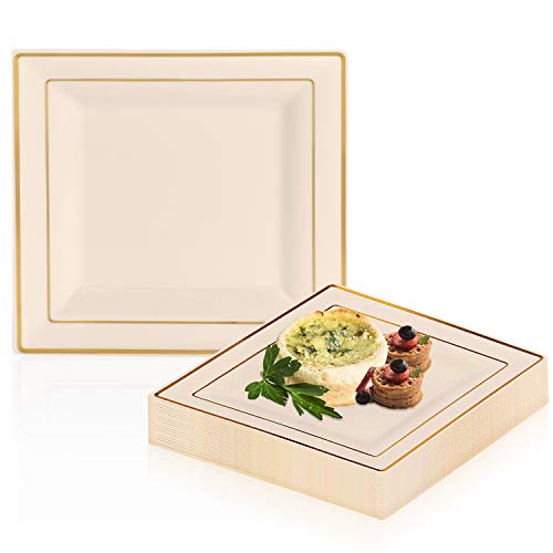 Buy 1 get 1 🔥 Elegant Disposable Plastic Dessert Plates 120 Pcs Cake Plates - Heavy Duty Square Salad Plates - Ivory with Gold Appetizer Plates For All Occasions Creative Product Elegant Disposable Plastic Dessert Plates 120 Pcs Cake Plates - Heavy Duty Square Salad Plates - Ivory with Gold Appetizer Plates For All Occasions