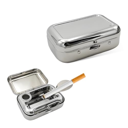 Image of Mini Portable Ashtrays, Metal Pocket Dustproof Car Ash Tray with Lid, Compact Square Windproof Car Cigar Ashtrays, Decorative Cigarette Snuffers Ashtray for Car Home Office (Silver)