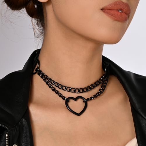 Goth Heart Chain Choker Black Heart Earrings Jewelry Set Gothic Punk Grunge Emo PU Leather Necklace Y2k Huggie Hoop Spike Black Earring Jewelry Gift for Women Men3