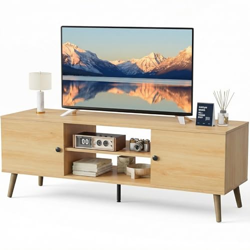 Sweetcrispy TV Stand for 55 60 inch TV, Modern Mid Century Entertainment Center with Storage, Media Console Table 2 Cabinet, Soft Hinge, Handle Door, Wooden Living Room, Office Furniture, Oak