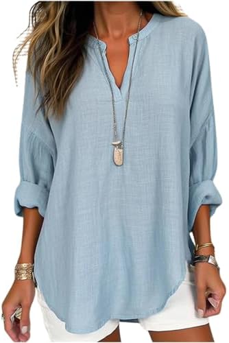Women Casual Linen Blouses V Neck Long Sleeve Pull...
