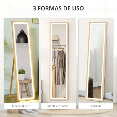 HOMCOM Espejo de Cuerpo Entero con Luz LED 160x40 cm Espejo de Pie Espejo de Pared con Iluminación de 3 Colores Táctil Inteligente Función de Memoria y Soporte para Salón Dormitorio Roble - imagen 6