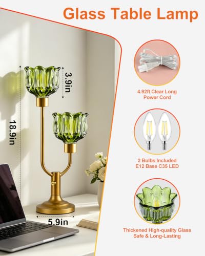 Image of Lightdot Flower Table Lamp for Bedroom Vintage Green Glass Lamp Dimmable | Mid Century Modern Gold Desk Lamp 2 Bulbs Included Warmwhite Ambient Nightstand Bedside Lamps for Living Room Home Decor Gift