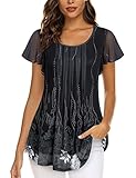 Gaharu Bluse Damen Kurzarm Elegant Longtunika Damen Lässig für Leggings, Hübsche Damen Bluse Lang Feierliche Kleidung Damen Festlich Blusen & Tuniken für Damen Kurzarm Damentunikas Sommer Elegant