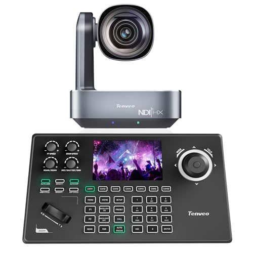 Tenveo 4K NDI PTZ Camera and Controller Bundle, AI Tracking HDMI/USB3.0/LAN/PoE12X 4K NDI PTZ Camera and NDI PTZ Controller 5-Inch LCD 4D Joystick for Church Live Streaming Conference