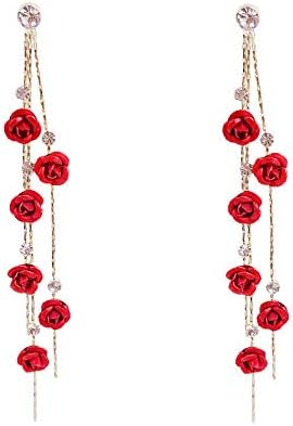 Aretes largos de gota con borla de rosa roja 3D, aretes de gota de cristal de circonita cúbica con diamantes de imitación de rosa, aretes colgantes