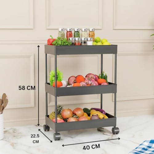 Image of Plastic Storage Rack Trolley with Wheels, 3 Layer Multipurpose Organizer Shelf for Kitchen, Bathroom & Bedroom, Open Storage Cart for Fruits, Vegetables, Toiletries, Snacks (3 Layer)