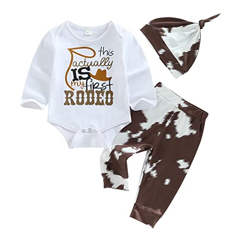 Youweixiong Newborn Baby Boy Girl Clothes Long Sleeve Letter Romper Top Cow Spot Print Pants Hat Set Infant Fall Winter Outfits 3Pcs (Brown+Cow Spot, 0-3 Months)