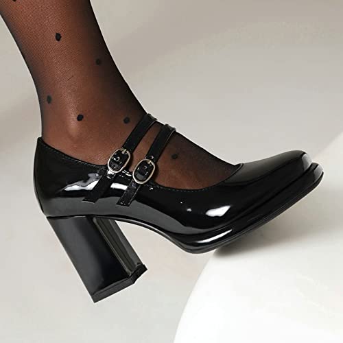 Women Chunky Heel Platform Mary Jane Shoes Vintage 2 Straps Square Toe Block High Heels Pumps Patent Leather Dress Party Work Pumps Shoes(Black,US Size 6.5)3