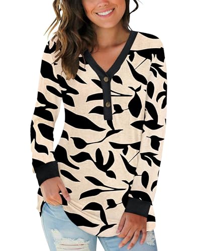 Image of AUSELILY Women Blouse Henley Top V Neck Thin Long Sleeve AP Black Leaf XL