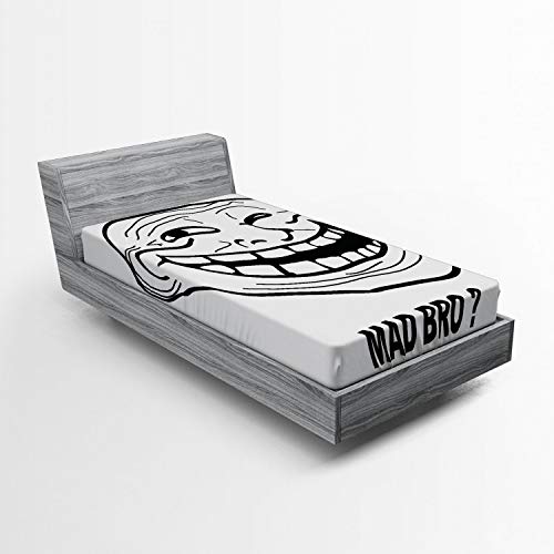 ABAKUHAUS Humour Drap-Housse, Style de Bande dessinée Troll Guy, Pochette Élastique Tout Confort pour Literie en Tissu Décoratif, 90 x 190 cm, Noir et Blanc