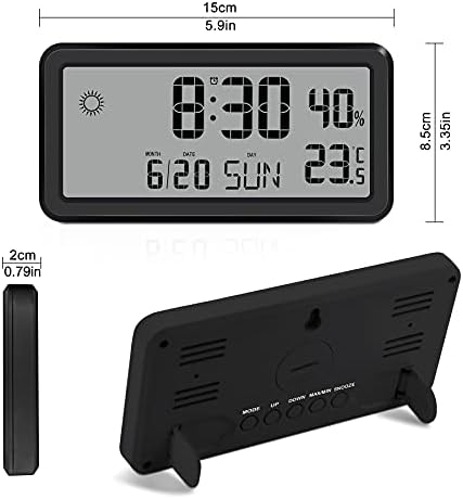 U-picks Slim Alarm Clock 5.6" LCD Display ,Digital Wall Clock Desk Clocks Battery Operated with weather ,day of week, Snooze, Temperature Humidity, 12/24Hr, Small clock for Bedroom Travel Black