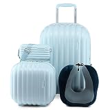 Joyway Kofferset 3 Teilig Trolley Koffer Reisekoffer ABS-Hartschale Trolley Handgepäck Sets mit TSA Schloss und 4 Rollen 1 Handtasche 1 Kosmetikkoffer und 1 Nackenkissen Hellbla