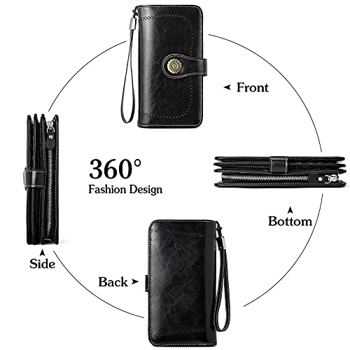 Bostanten Womens Wallet Genuine Leather Large Capacity Wristlet Clutch Purse Credit Card Holder With Rfid Blocking Black #TOP2