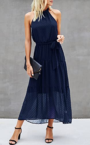 Image of PRETTYGARDEN Women's Halter Neck Floral Long Maxi Dress Casual Sleeveless Backless Dresses Loose Ruffle Sundress with Belt