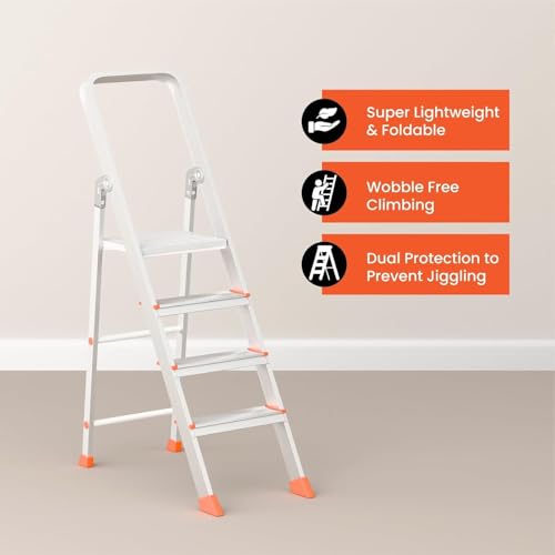 Image of 4 StepFoldable Aluminum Step Ladder with Anti-Slip Steps & Rubber Feet | Heavy-Duty Portable Ladder for Home, Kitchen, Office & Indoor Use (4 Step)