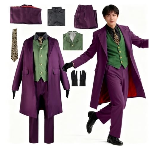 NlsqEU Disfraz cosplay para hombre, disfraz para hombre con abrigo morado, chaleco verde, pantalones de Halloween y carnaval, talla XXL