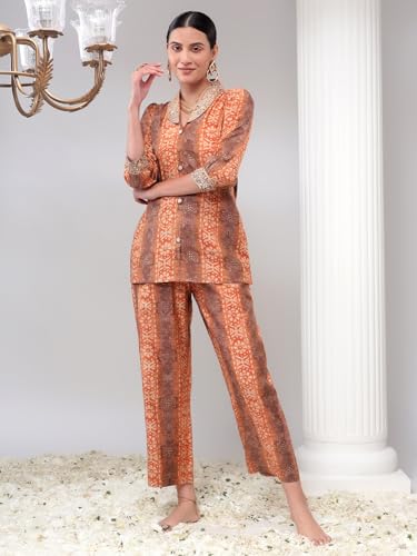 Image of Bani Women Printed Co-ord Set, Shirt and Trouser Set 2 Piece Outfit, 3 /4 Sleeves V Neck Collor with Mirror Work, Coord Sets for Womens,Western Dress, Stylish Design for All Occasions
